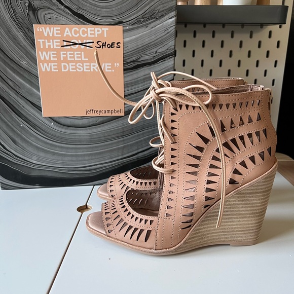 Jeffrey Campbell Shoes - Jeffrey Campbell Rodillo-Hi Tan Nude Wedge Booties with Laser-Cut Design